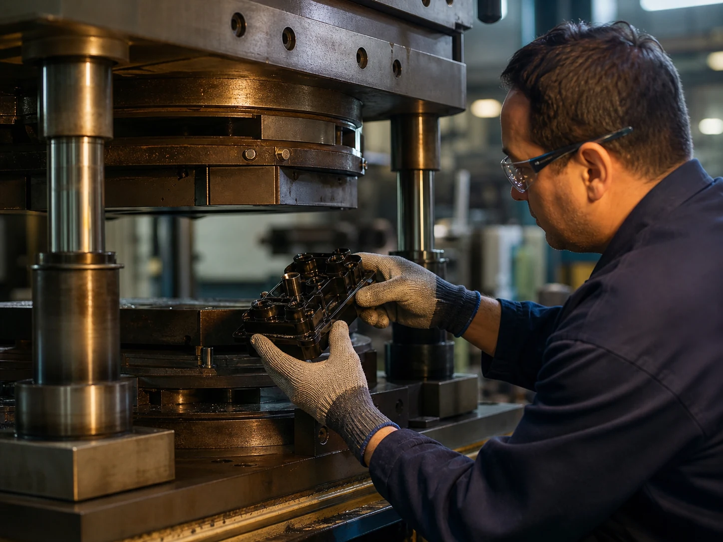 Prensa de moldagem de peças termofixas em produção
