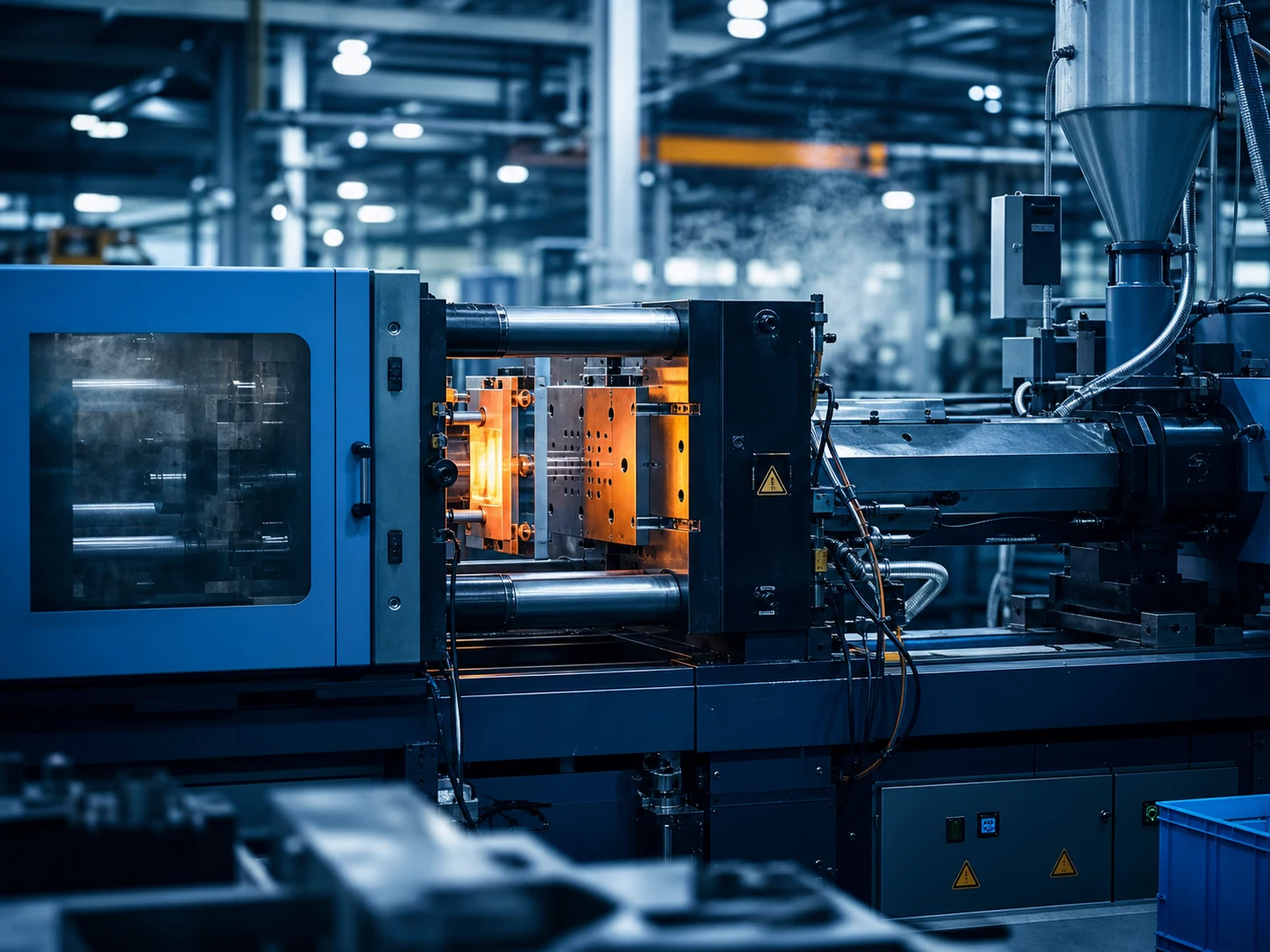 Máquina injetora em operação no processo de termoplásticos